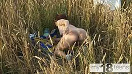 Cute My18Teen Girl Masturbates Pussy in Field. Solo Redhead Enjoys Outdoor Fingering.