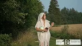 Cute My18Teen Girl Masturbates Pussy in Field. Solo Redhead Enjoys Outdoor Fingering.