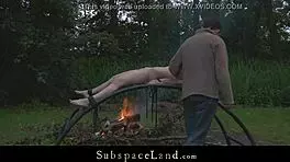 Skinny Sex Slave Exploited and Bound Outdoors by Ruthless Master!