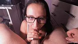 nerd teen in glasses sucks and swallows cum in pov