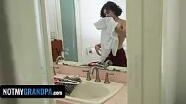 my horny stepgrandpa helped me change into school uniform so i helped his boner