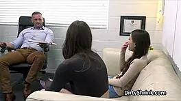 Dilf Shrink Bangs Two Brunette Teens in Office Threesome