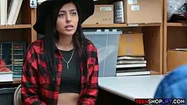 security guards catch a cute teen shoplifter and fuck her in the office.