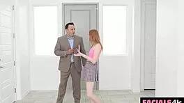 Scarlett Skies Gets Double Teamed by Boyfriend and Boss for Facial and Blowjob