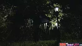 Teen and MILF lesbians use vibrator for Halloween sex.