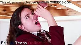 Naughty uniformed Ellie works a cock at the milking table. What a wild college scene!