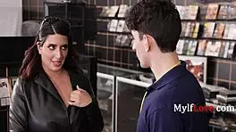 busty milf sarah arabic randomly sucks young employee's cock at blockbuster