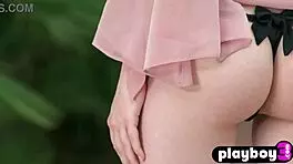 Petite natural babes pose naked after striptease for playboy