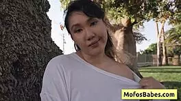 Don't you think it's hot when sexy asian teen tomie tang reveals her big natural boobs to friend charles dera outdoors?