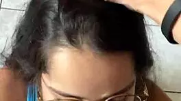 Nerdy brunette with natural tits and brown eyes gives deep blowjob to Wellington Prado's big cock in jeans shorts