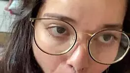 Nerdy brunette with natural tits and brown eyes gives deep blowjob to Wellington Prado's big cock in jeans shorts