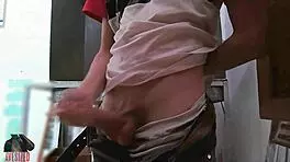 skinny young babe masturbates big monster cock in shop back