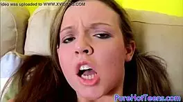 Teen with ponytails gets so horny on sofa with dildo in HD