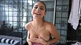 Busty teen passionately fucks in the bathroom.