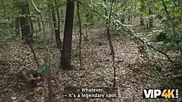 wow, young lady gets pounded by 2 huge cocks in forest while husband watches