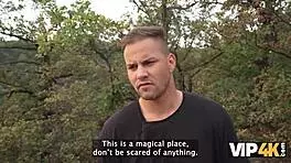 wow, young lady gets pounded by 2 huge cocks in forest while husband watches