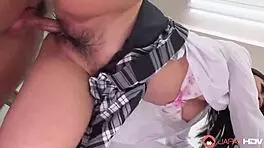 Japanese Mira Hasegawa Enjoys Uncensored Threesome in Classroom with Small Tits and Doggy Action