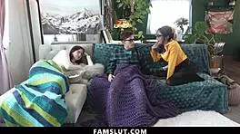 petite asian stepsister sneaks a ride on stepbrother’s cock beside stepmom