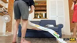 Rim4k twister suddenly turns into sex with the red-haired sweet thing licking shaved pussy!