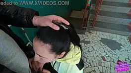 Risky Blowjob on Public Staircase with Deep Ball Licking and Huge Cum Swallow