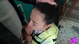 Risky Blowjob on Public Staircase with Deep Ball Licking and Huge Cum Swallow