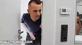 Romy Indy sucks and fingers roommate's cock in bathroom