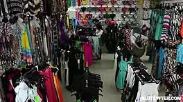 Amber Stark Steals Panties in Shop, Gets Blowjob and Sex Punishment from Officer Rusty Nails