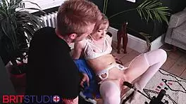 in the hospital, the british blonde student nurse gets edged by the huge fucking machine close-up