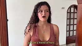 My stepsister's sexy friend with big tits and pussy gives blowjob to monster cock and swallows cum.