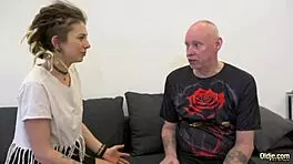 Rebel young 18+ blonde with juicy natural tits rides grandpa and swallows his load.