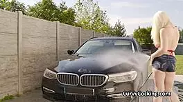Busty bikini girlfriend wants attention after car wash