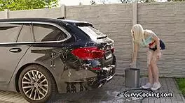 Busty bikini girlfriend wants attention after car wash
