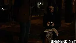 Nerdy teen impaled on strapon in rough POV blowjob, she moans.