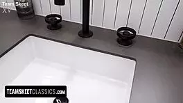 Naughty teen vixens in bikinis spit and ride stepdad's cock cowgirl style while stepmom's away