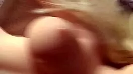 blonde toy teen receives cumshot on her huge tits.