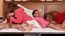 Horny stepsisters lure stepbrothers into swapping and fucking