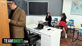 Naughty Teacher Seduces Teens in Uniform for Scissoring Threesome