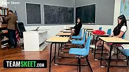 Naughty Teacher Seduces Teens in Uniform for Scissoring Threesome