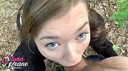 hot teen 18+ gives a steamy pov outdoor blowjob in public