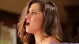 Cute dyke teens gently explore each other in a group setting with 69 and scissoring