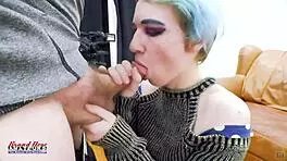 petite exotic coed raven rubs her shaved pussy and gets jizzed sucking cock