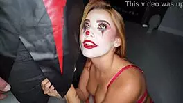 Agatha Vega in clown costume says 'fuck me hard' to Christian Clay.