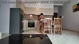 Wow, stepmom’s face when she sees her stepson’s huge dick in the kitchen!