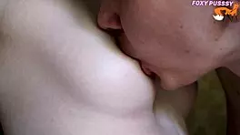 Petite Girl's Puffy Tits Get Licked Sloppily in Close-Up