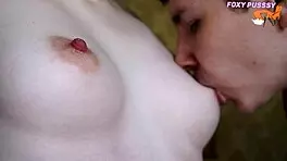 Petite Girl's Puffy Tits Get Licked Sloppily in Close-Up
