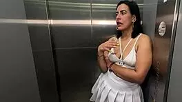 Latina milf neighbor bends over for young bbc guy in elevator, requesting creampie.