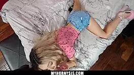 Kenzie reeves spreads legs in silky red bed for taboo doggystyle with stepbro, hardcore and bent over!