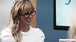 lesbian scientist licks busty model's pussy