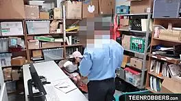 Shaved teen shoplifter gets roughly fucked by creepy guard in store