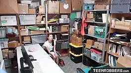 Shaved teen shoplifter gets roughly fucked by creepy guard in store